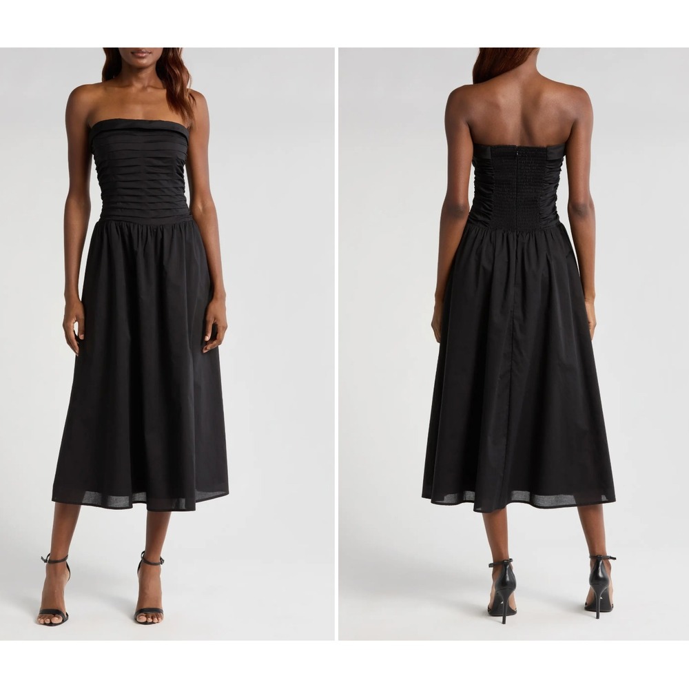 WAYF Olivia Midi Dress Women XS Black Pleated Convertible‎ Strapless Cotton -NEW